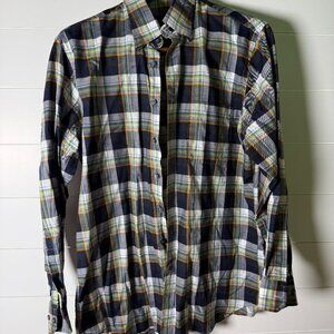 Scott Barber Long Sleeve Button Down Navy Orange Green White Plaid Sz Large